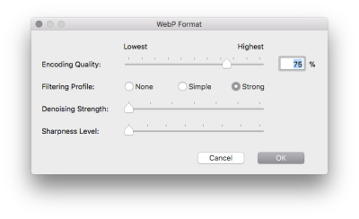 A dialogue in Photoshop for the WebP plugin showing various options for export quality, denoising, and filtering.