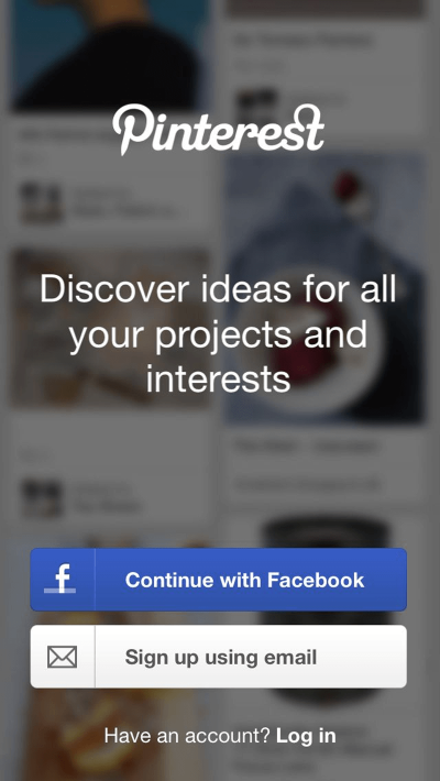 Pinterest asks users to create a new account or log in upon first loading.