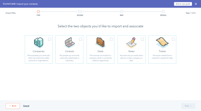HubSpot data importer asks users to ‘Select the two objects you’d like to import and associate’, like Companies and Contacts