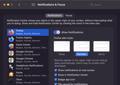 A screenshot where notifications for Firefox are turned on