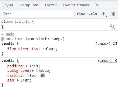 Screenshot of Chrome DevTools' Styles pane showing a CSS rule nested in a @container rule