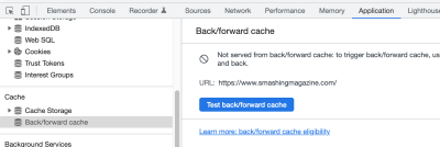 A screenshot of Chrome Dev Tools Back/forward cache testing tool with a simple ‘Test back/forward cache’ button.