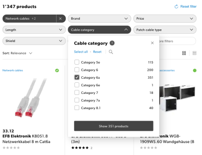 Everything in one: on Galaxus.ch, filters are displayed above product results, a filter overlay appears on tap/click, and the overlay doesn’t disappear unless the user chooses to dismiss it.