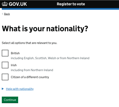 A screenshot of a page on the Gov.uk website with the back button placed at the top left underlined while the Continue button is shown as the primary one.