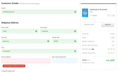 A screenshot of customer details and shopping address fill-in form created without floating labels