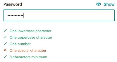 A screenshot of Mailchimp password rules