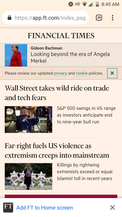 Prompt to add Financial Times PWA on home screen