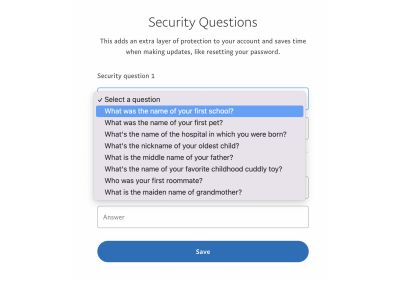 Examples of PayPal’s Security questions