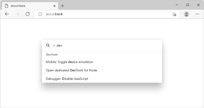 Edge, with the command palette opened, showing a few devtools commands