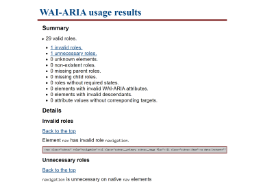 WAI-ARIA bookmarklet results page.