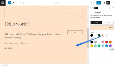 A screenshot of WordPress Full-Site Editing background color