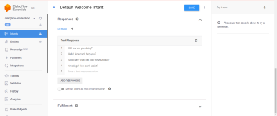 A list generated responses within the Default Welcome intent.