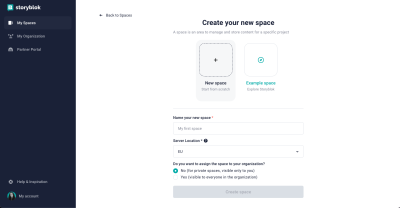 Screenshot of ‘Create your new space’ screen at Storyblok