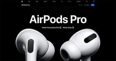 Screenshot of the Airpods Pro site without reduced motion with a large closeup image of a pair of Airpods