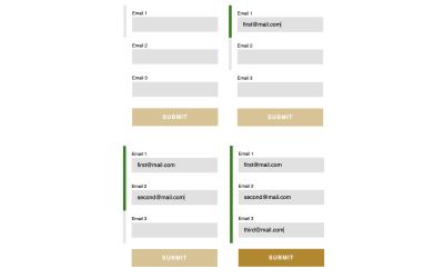 Individual email input containers change styles based on the validity of the email input state. When all inputs are successfully validated, the submit button (located right after the final input container in the DOM) is enabled.