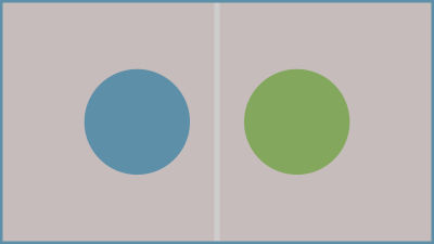 An illustration with two equal circles, and a white line between them. One of the circles is green, the other one is blue.