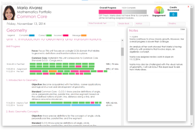 A screenshot of the third level showing a large card with details of one student