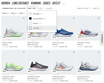 On Adidas, the filters are displayed above the product list. Each filter group opens an overlay. However, with every filter input, the filter group would need to be re-opened.