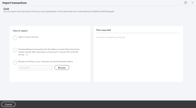 QuickBooks Self-Employed lets users import cash transactions into the software with a 3-step import process