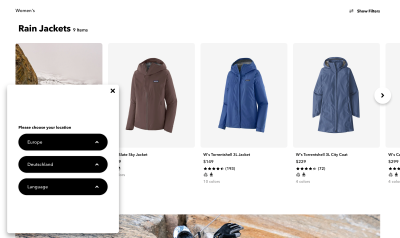 Patagonia uses a sticky non-modal for location and language selection.