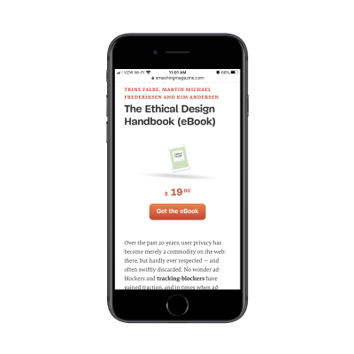 The Ethical Design Handbook landing page with “Get the eBook” for $19.00 CTA