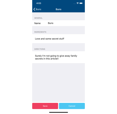Screenshot of the recipe edit screen on iOS