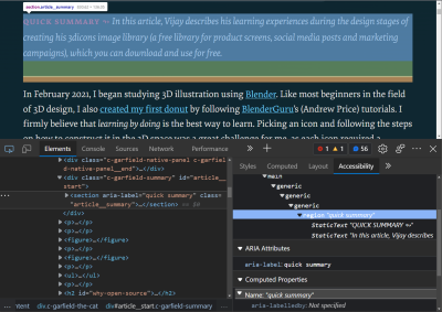 A screenshot of the Accessibility Tree in Microsoft Edge shows that when a section is made into a region, the section is removed from the accessibility tree and replaced with a region