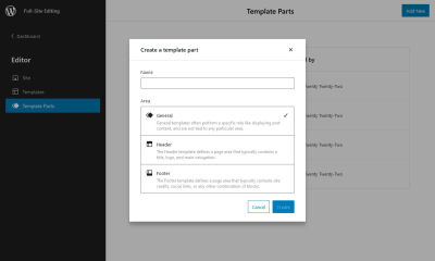 A screenshot of how to create a new template part