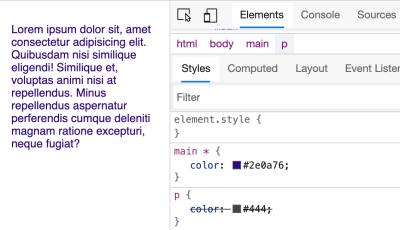 Dev tools shows that the rule for main is applied instead of for p for the selected paragraph, making it a navy blue instead of gray.