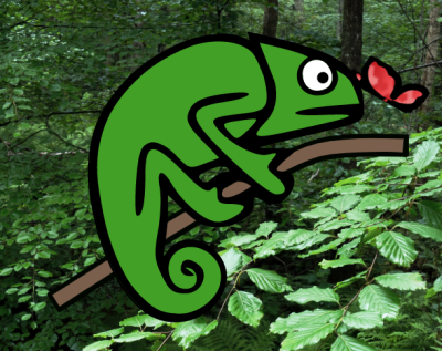 In the light/default mode, Karma Chameleon is sitting on a branch in a green forest surrounded by a fluttering red butterfly. In both environments, her colors automatically change and her eyes move around.