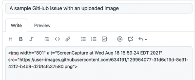 Screenshot of a new GitHub issue. The title reads, “A sample GitHub issue with an uploaded image. The body is an image element with an alt attribute that reads, “ScreenCapture at Wed Aug 18 15:59:24 EDT 2021.”