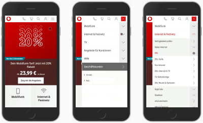 Three different mobile views of Vodafone’s website using three examples of three icons being used to navigate the website