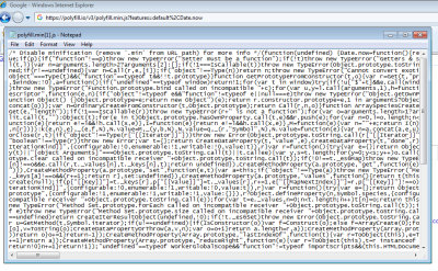 Screenshot of response from polyfill.io service for IE8