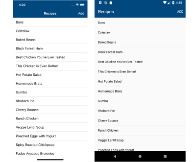 Screenshot of recipe list screen on iOS and Android