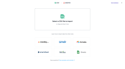Asana data import options: select a CSV file or import from other tools like Trello, Wrike and Airtable