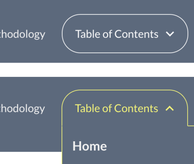 Screenshots of two Table of Contents navigation components styled like a button. With JavaScript this opens a dynamic menu as shown in the second image.