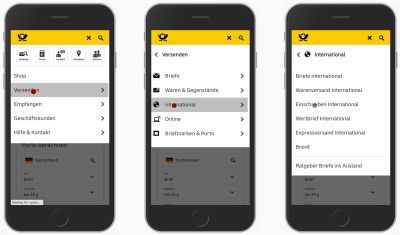 Screenshots of the navigation menu used on the Deutsche Post website