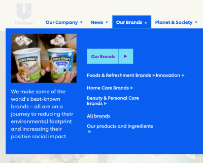 <a href='https://www.unilever.com'>Unilever.com</a> with chevrons in the mega-dropdown.