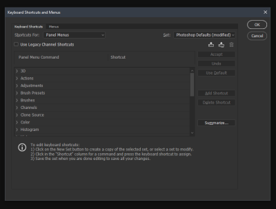 Keyboard Shortcuts and Menus option open, displaying the shortcuts for the Panel Menus