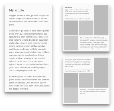A diagram showing a longer article flowing through two grids of boxes