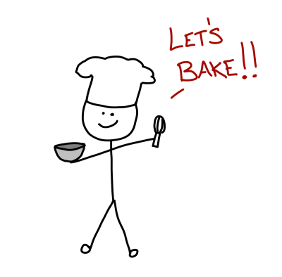 Drawing of a stick figure dressed as a chef who is ready to start baking.