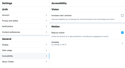 A screenshot of the accessibility tab of Twitter’s settings panel