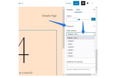 A screenshot of how to change the type of HTML element for template-part blocks