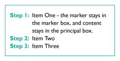 An ordered list with Step 1, Step 2, and so on, before each list item