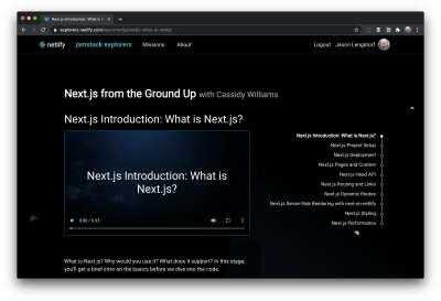 Screenshot of Cassidy Williams’s Next.js mission on Jamstack Explorers.