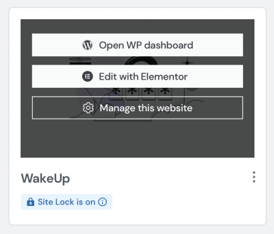 Three contextual options are shown when hovering over the WakeUp web project: Open WP dashboard, Edit with Elementor, Manage this website.