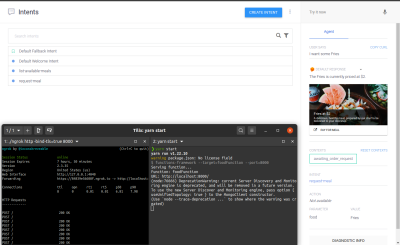 Testing the request-meal intent through the Dialogflow console emulator.