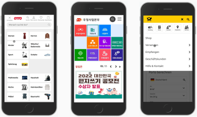 Mobile views of three websites: Otto, Korea Post and Deutsche Post