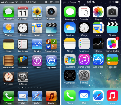 iPhone's home screen (iOS 6 versus iOS 7).