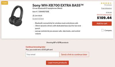 A screenshot of a product page showing on-ear headphones to which you can send yourself or anyone else a link to an email address to continue at a different time or day